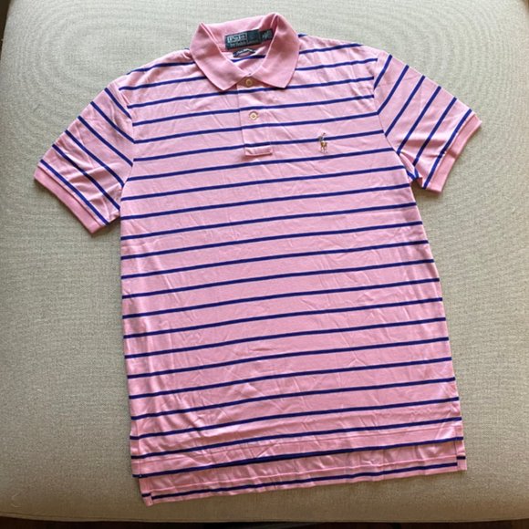Polo New Men's Blue Dolphin/White Stripe & Pink/Blue Stripe Pima Interlock Shirt - Picture 2 of 15